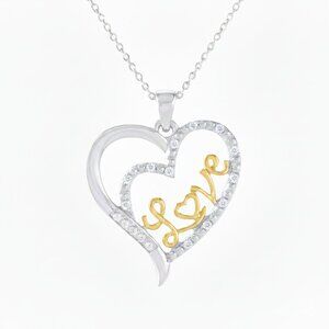 0.10Ct Natural Diamond Open Heart Love Pendant Silver 14K Gold plated for women